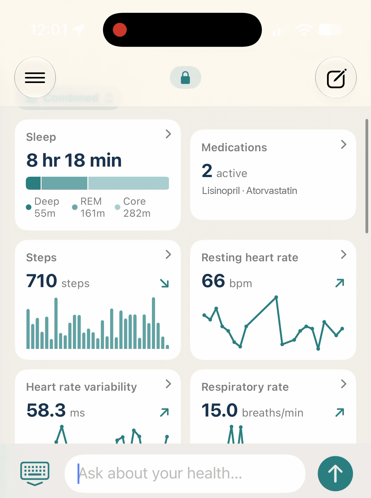 The Health.md home screen showing sleep, medications, steps, resting heart rate, heart rate variability and respiratory rate