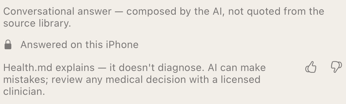 The footer of an answer reading: Answered on this iPhone, with a lock icon, above a note that Health.md explains and does not diagnose